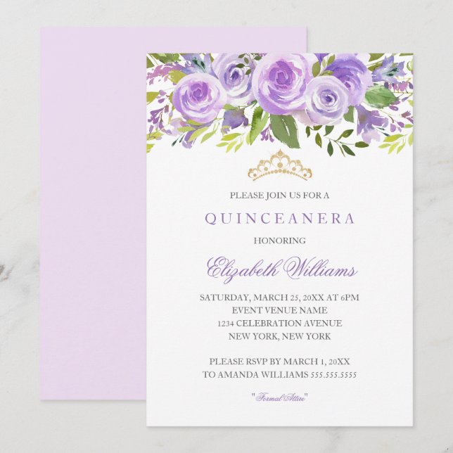 Invitación a Quinceanera Rosa floral Lavender (Anverso / Reverso)