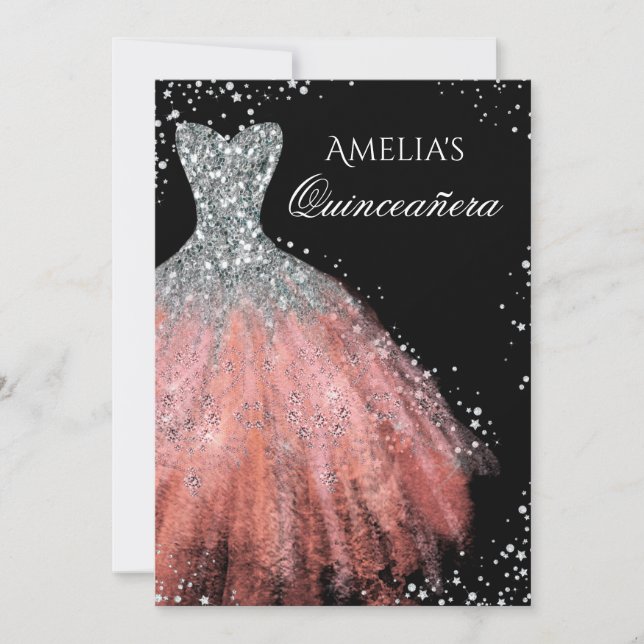 Invitación a Quinceañera Rosa Plata Vestido de Esp (Anverso)