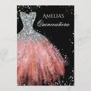 Invitación a Quinceañera Rosa Plata Vestido de Esp
