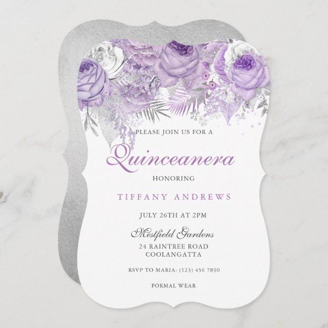 Invitación a Quinceanera, Rosa púrpura plateado (Anverso / Reverso)