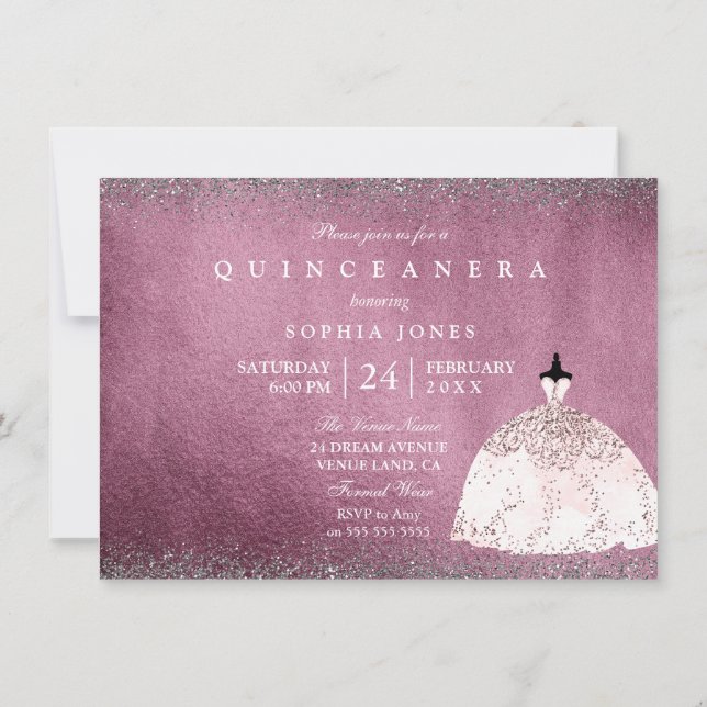 Invitación a Quinceanera Rosa Rosa de Plata Borgoñ (Reverso)