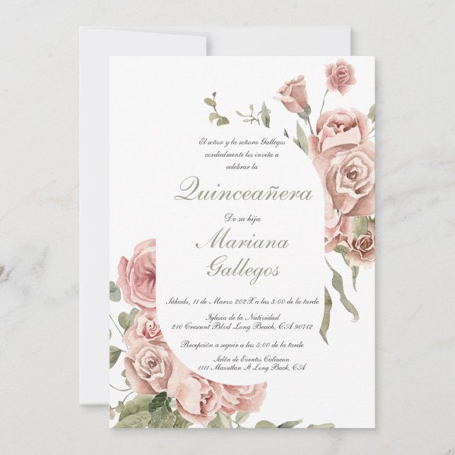 Invitación a Quinceanera rosa rosa rosa rosa rosa  (Anverso)