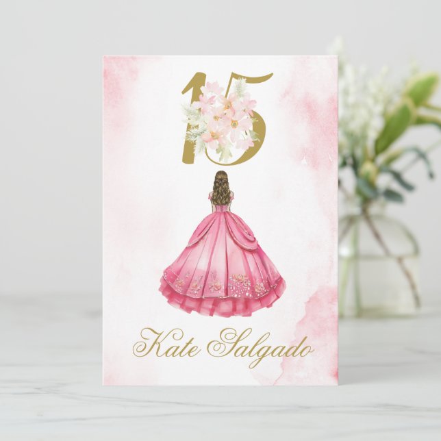 Invitación a Quinceanera rosa y turbio (Anverso de pie)