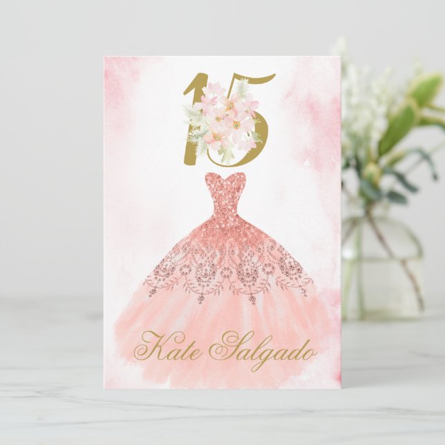 Invitación a Quinceanera rosa y turbio (Anverso de pie)