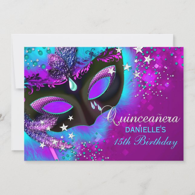 Invitación a quinceañera rosa y Verde azulada (Anverso)