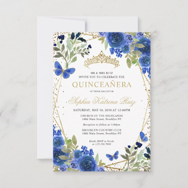 Invitación a Quinceañera Tiara Floral Blue Gold (Anverso)