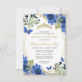 Invitación a Quinceañera Tiara Floral Blue Gold