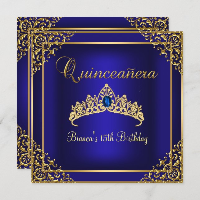 Invitación a Quinceanera Tiara Gem Gold & Blue (Anverso / Reverso)