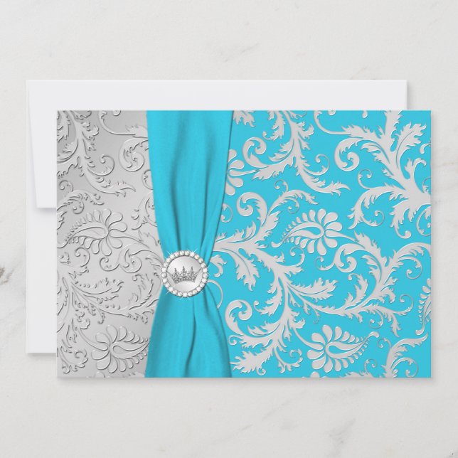 Invitación a Quinceañera turquesa y plateada (Anverso)