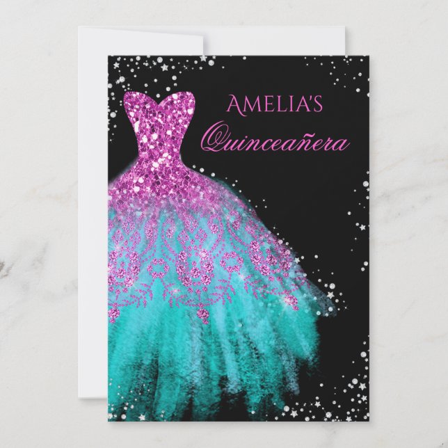 Invitación a Quinceanera Verde azulada rosa con ve (Anverso)