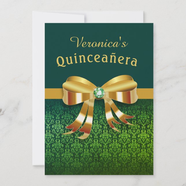 Invitación a Quinceanera Verde y Oro de Clásico (Reverso)