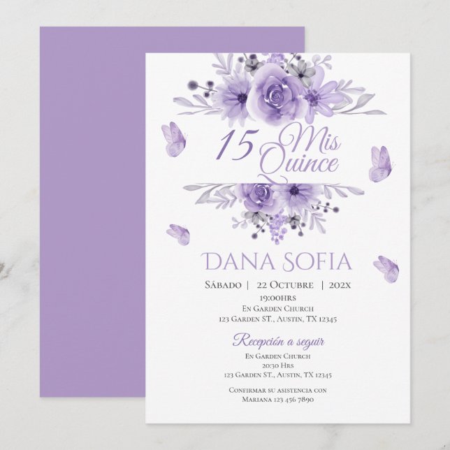Invitación a Quincenera de Floral Púrpura Español (Anverso / Reverso)