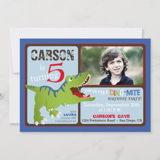 Invitación a quinto cumpleaños de Green T-Rex Dino (Anverso)