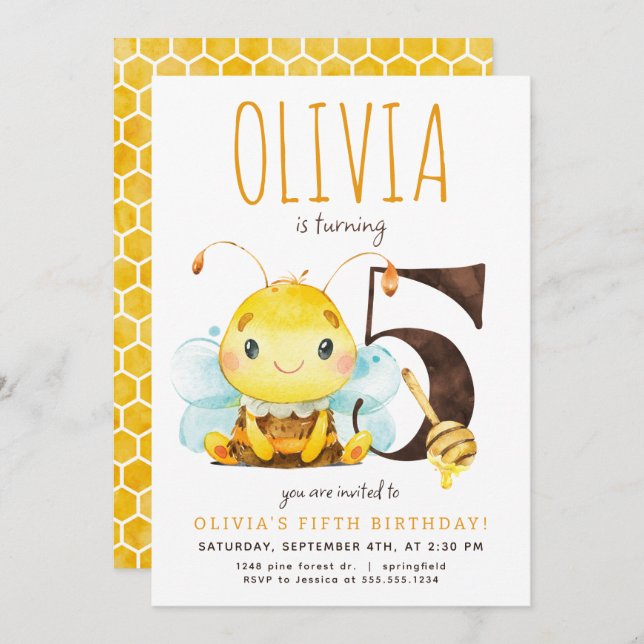 Invitación a quinto cumpleaños de Honey Bee (Anverso / Reverso)