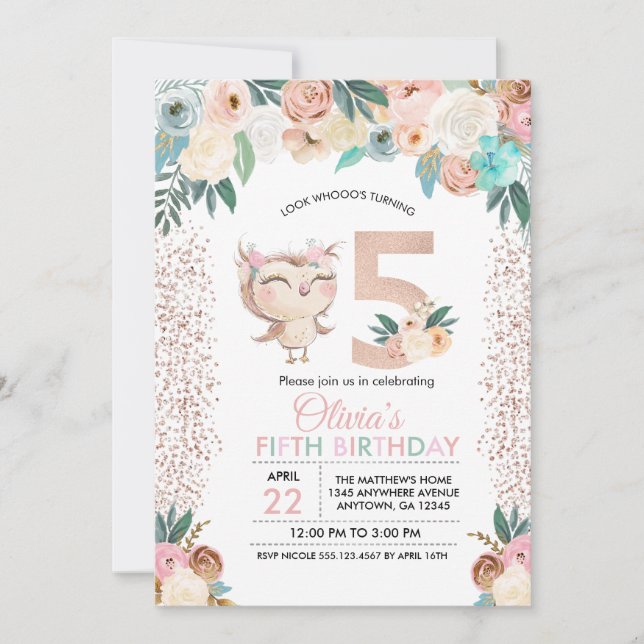 Invitación a quinto cumpleaños de Peachy Owl (Anverso)