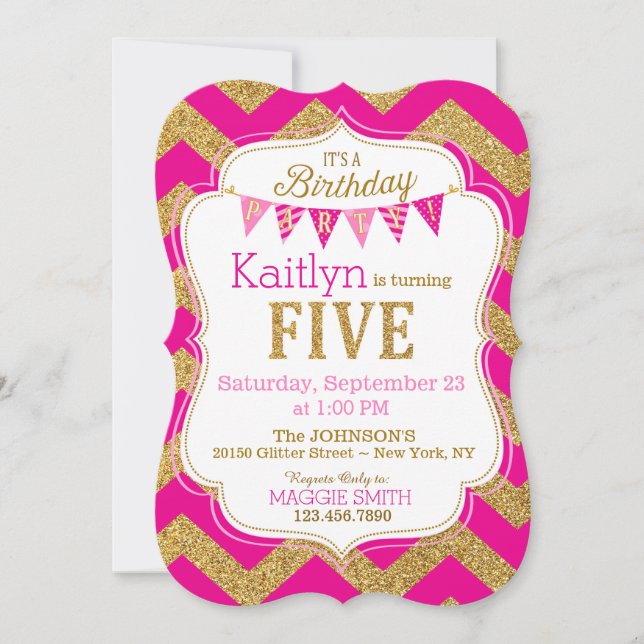 Invitación a quinto cumpleaños de Purpurina de oro (Anverso)