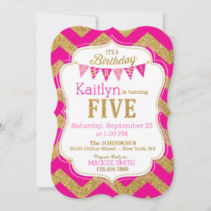 Invitación a quinto cumpleaños de Purpurina de oro