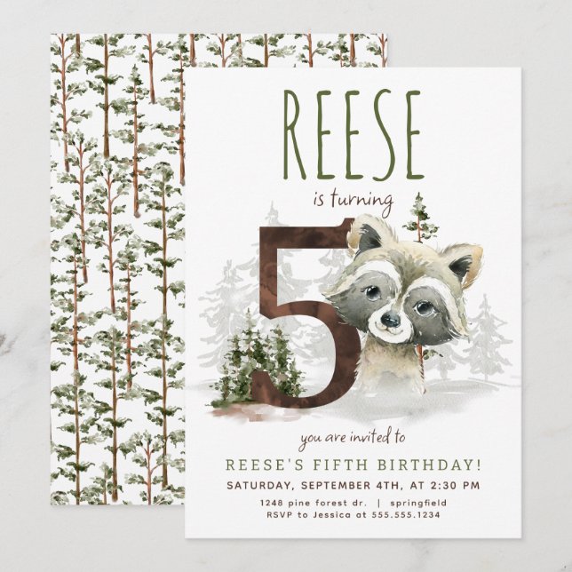 Invitación a quinto cumpleaños de Woodland Raccoon (Anverso / Reverso)