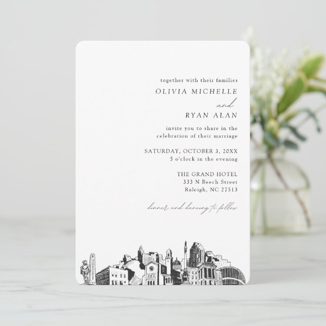 Invitación a Raleigh Boda Elegant Skyline (Anverso de pie)