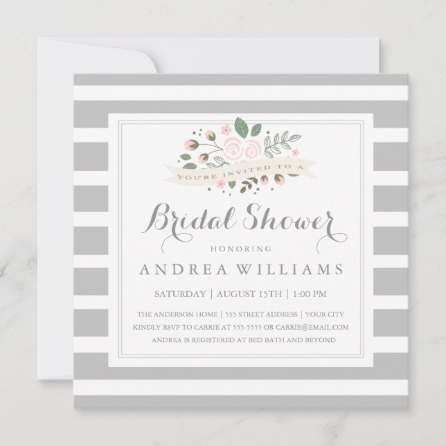 Invitación a raya gris y ducha de novia floral (Anverso)