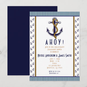 Invitación a rayas azules y blancas con ancla náut