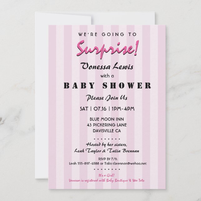 Invitación a rayas rosas Baby Shower de sorpresa (Anverso)