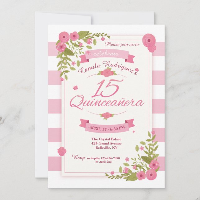 Invitación a rayas rosas y blancas de Quinceañera (Anverso)