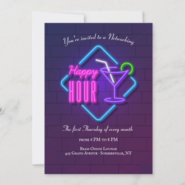 Invitación a redes de neón Happy Hour (Anverso)