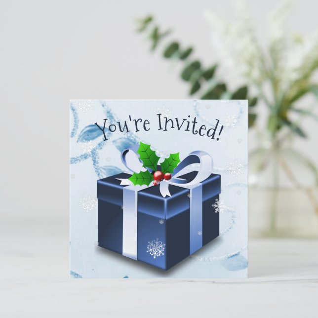 Invitación a regalo de Navidades azules (Anverso de pie)