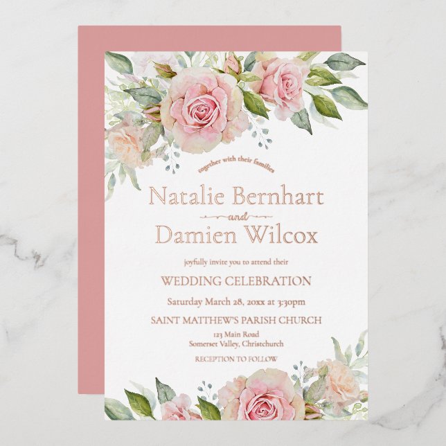 Invitación a Relieve metalizado Boda floral rosa y (Anverso/Reverso)
