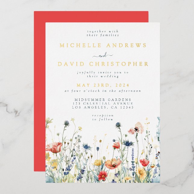 Invitación a Relieve metalizado de Boda de flores  (Anverso/Reverso)