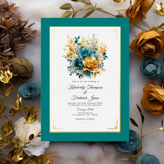 Invitación a Relieve metalizado de Boda floral ver (Teal and Gold)