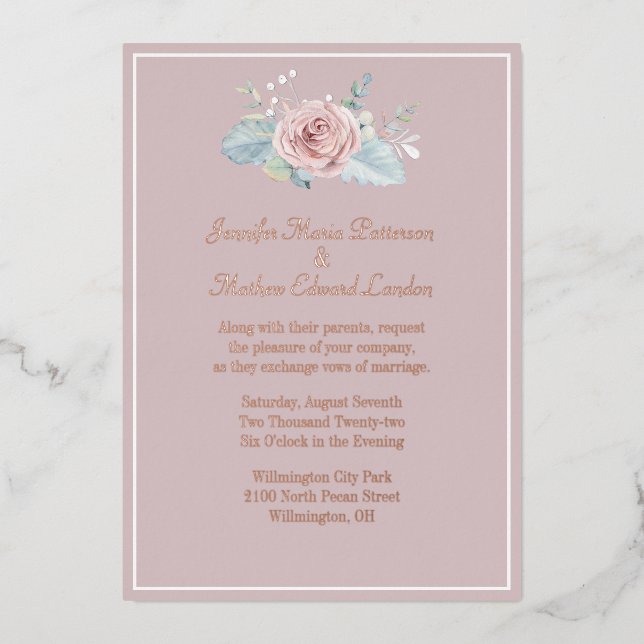 Invitación a Relieve metalizado de Boda rosa Rubor (Anverso)