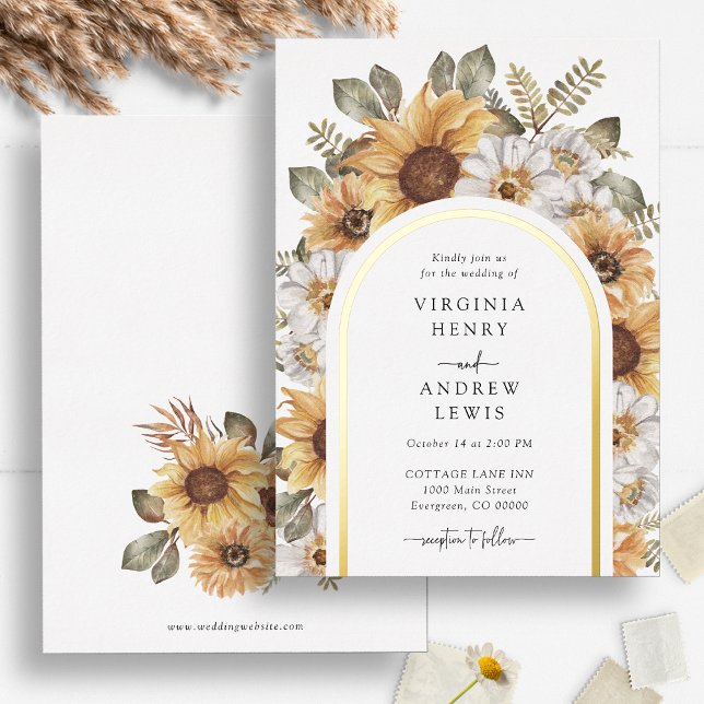 Invitación a Relieve metalizado de Boda Rústico (Rustic Watercolor Sunflower Floral Wedding Gold Foil Invitation by Painted Paperie)