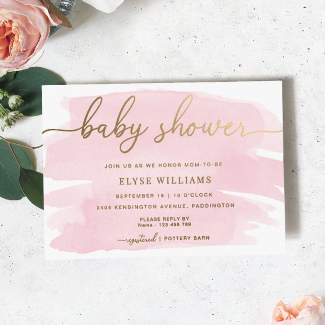 Invitación a Relieve metalizado dorado Baby Shower (Baby Shower Invitation - Pink Watercolour Gold Foil )