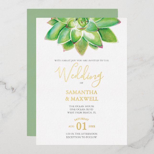 Invitación a Relieve metalizado dorado de Boda de  (Anverso/Reverso)