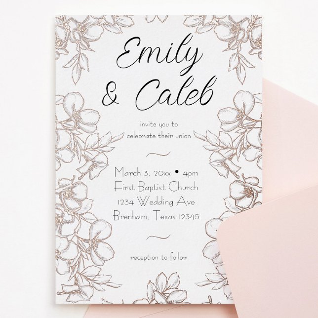 Invitación a Relieve metalizado dorado Rosa de Bod (Rose gold flower frame line art wedding invitation with script writing. Perfect for spring wedding)