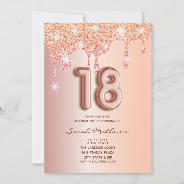 Invitación a Relieve metalizado Rosa  Purpurina de (Anverso)
