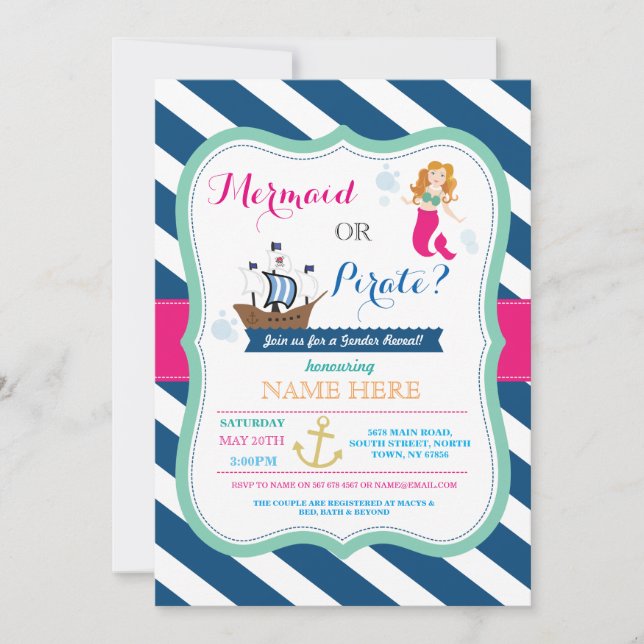 Invitación a revelar Baby Shower pirata o Sirenita (Anverso)