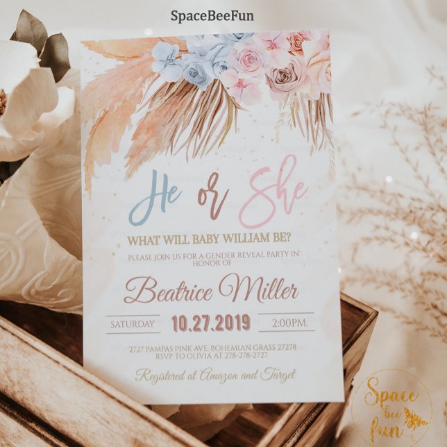 Invitación a revelar el género de la Grasa Boho Pa (Boho Pampas Grass Baby Shower He or She Invitation Boy Girl Bohemian Tropical Gold Invites )
