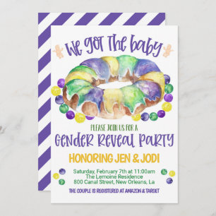 Invitación a revelar el género del bebé mardi gras