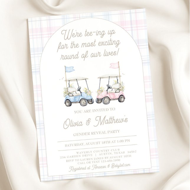 Invitación a revelar el género del golf - Carros d (Golf Gender Reveal Invitation – Blue & Pink Golf Carts)
