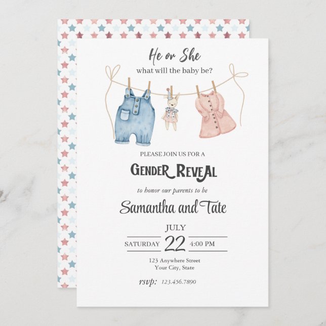 Invitación a revelar género azul y rosa (Anverso / Reverso)