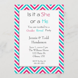 Invitación a revelar género Chevron azul y rosa