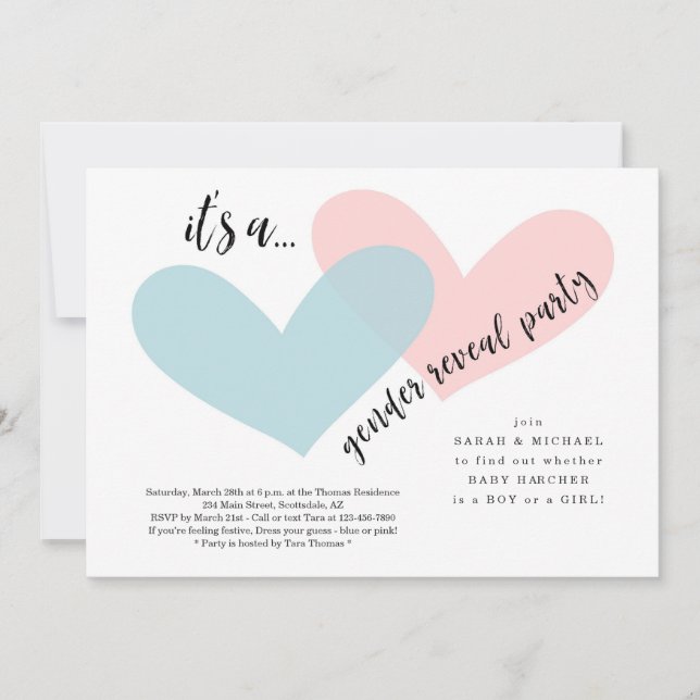 Invitación a revelar género | Corazón rosa y azul (Anverso)