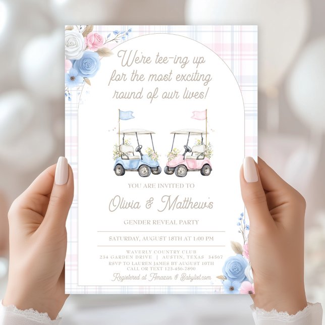 Invitación a revelar género de golf - Carros de go (Golf Gender Reveal Invitation – Blue & Pink Golf Carts)