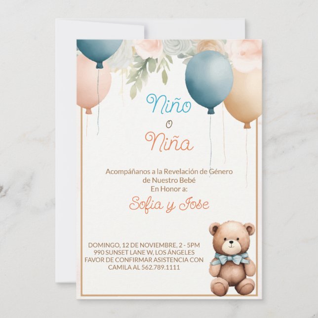 Invitación a revelar género de osito de peluche es (Anverso)