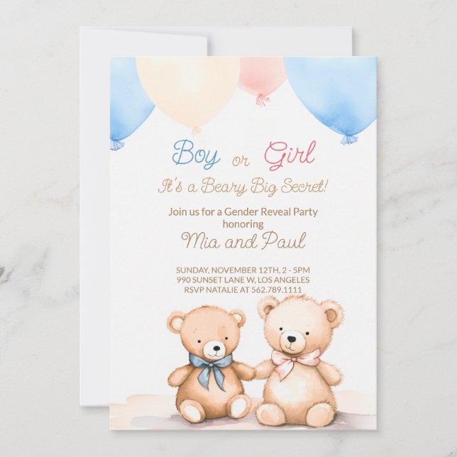 Invitación a revelar género de Teddy Bear Baby Sho (Anverso)