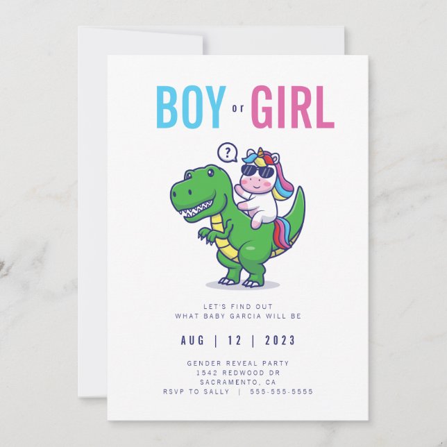 Invitación a revelar género de unicornio y dinosau (Anverso)