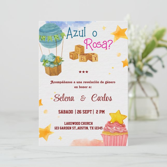 Invitación a revelar género en España Boho Azul o  (Anverso de pie)